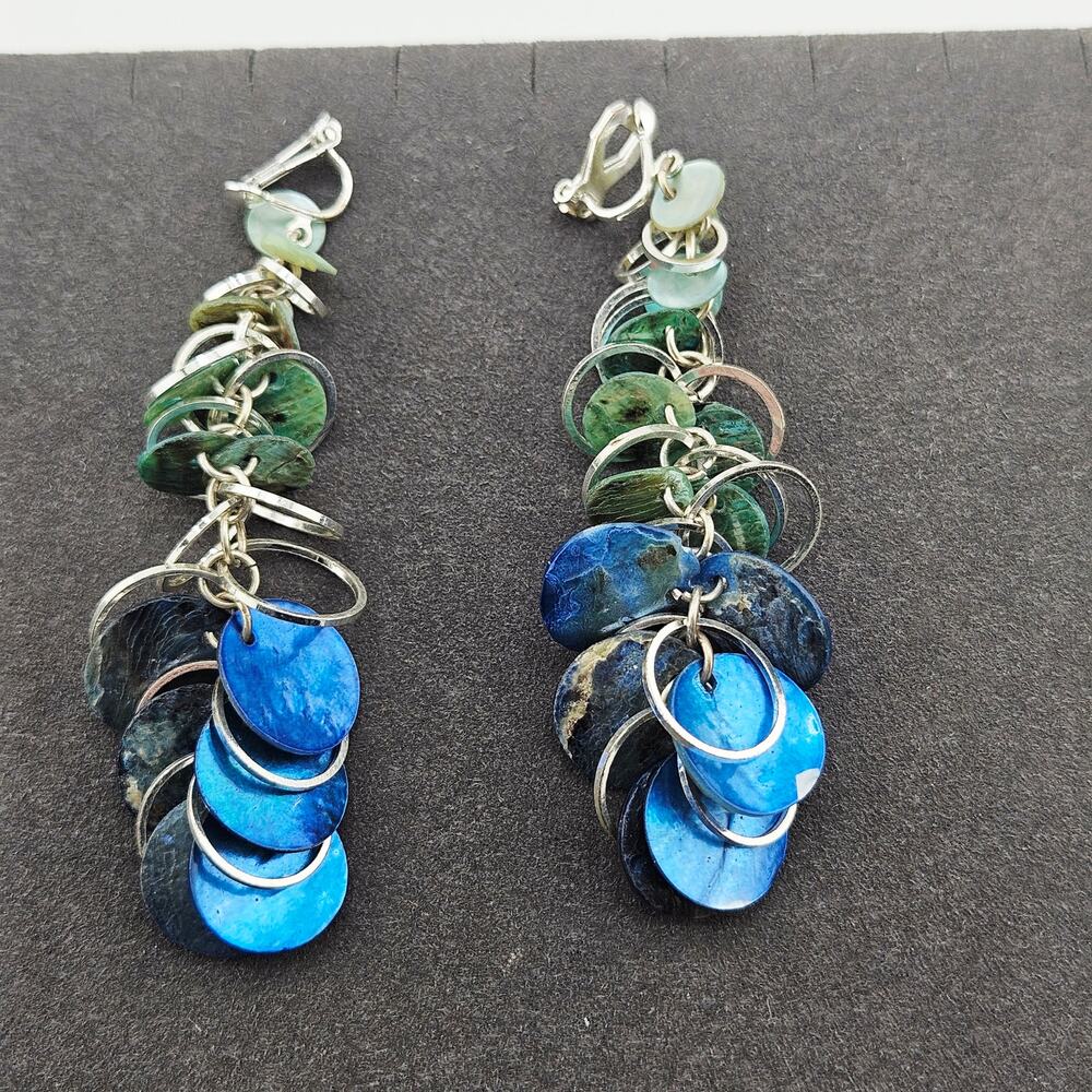 Clip On Iridescent Disc Fringe Earring Blue Green Oceanic Mermaidcore Dangle